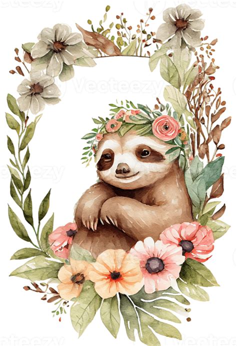 Free Watercolor Cute Hand Drawn Sloth Sloth In Floral Wreath Flowers