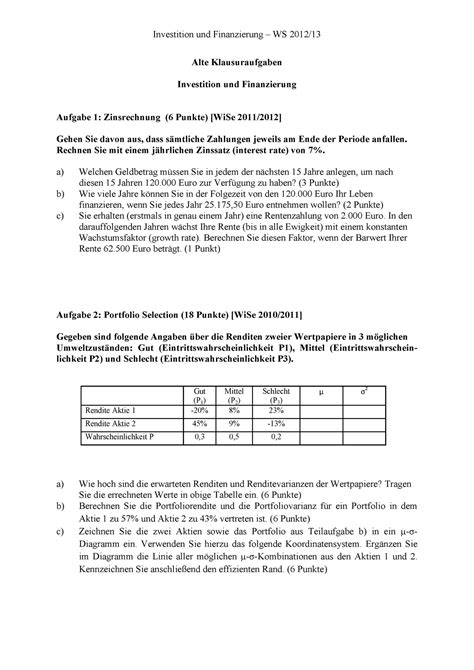 Klausur 5 Juni 2013 Fragen Investition Und Finanzierung WS 2012 13