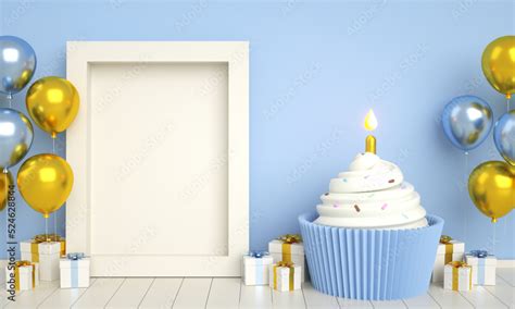 Blue Golden Happy Birthday Cake Invitation Card Banner Background With