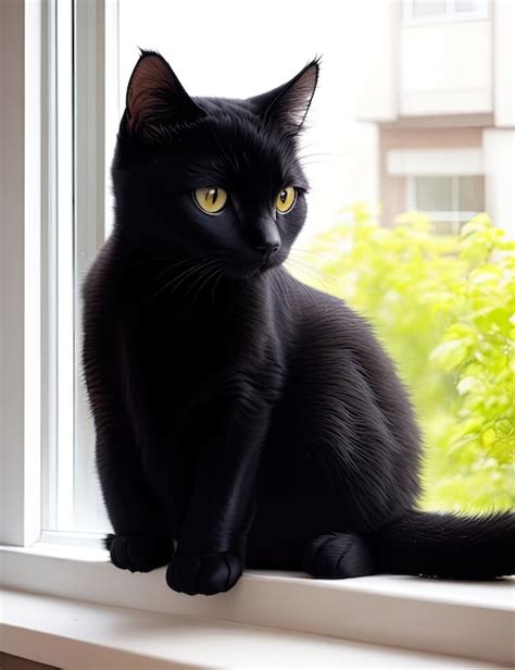 Un Gato Negro Sentado Cerca De La Ventana Foto Premium