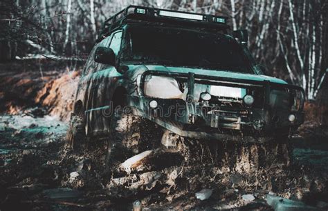 Off Road Sport Truck Between Mountains Landscape Track On Mud Off