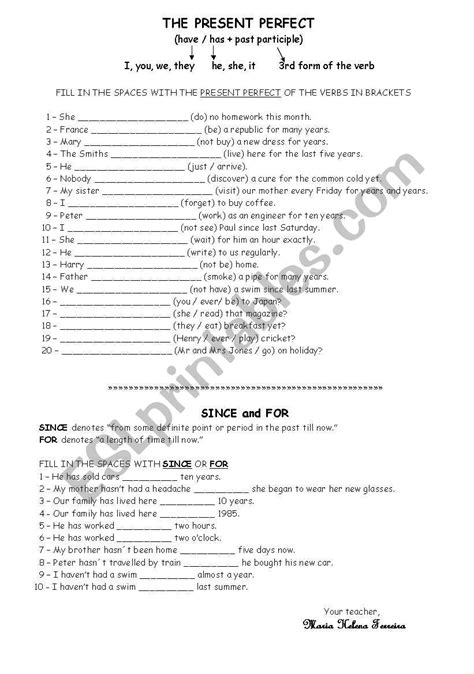 The Present Perfect Since For Esl Worksheet By Ferreirahelena