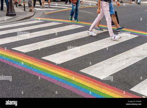 Paris France June Gay Pride Flag Crosswalk In Paris Gay Village With People Crossing