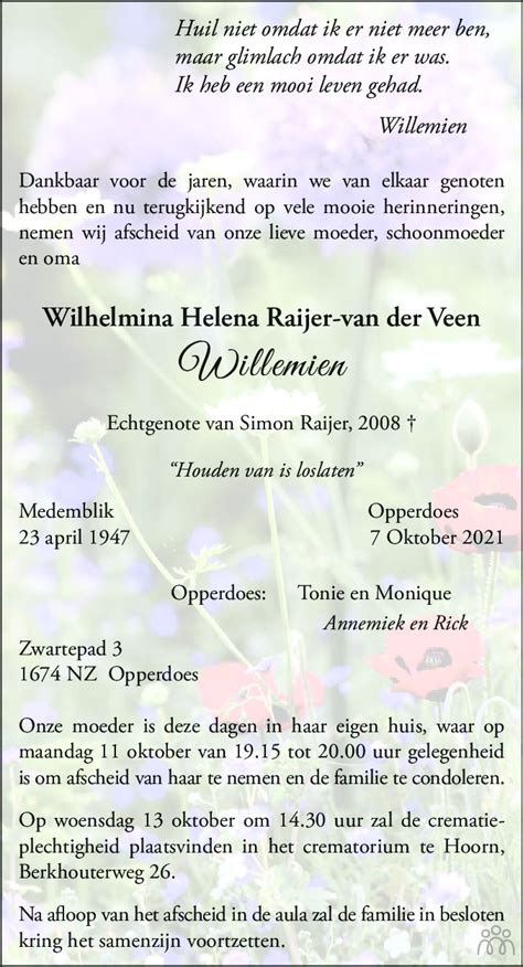 Wilhelmina Helena Willemien Raijer Van Der Veen 07 10 2021