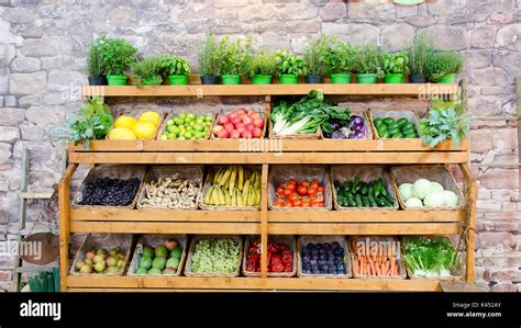 fruit vegetables shelves background Stock Photo - Alamy