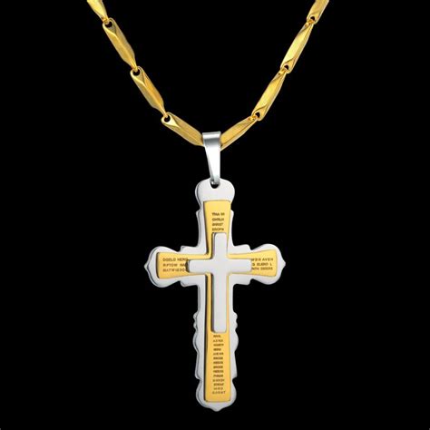 Stainless Steel Chain 3 Layer Jesus Cross Crucifix Gold Color Mens