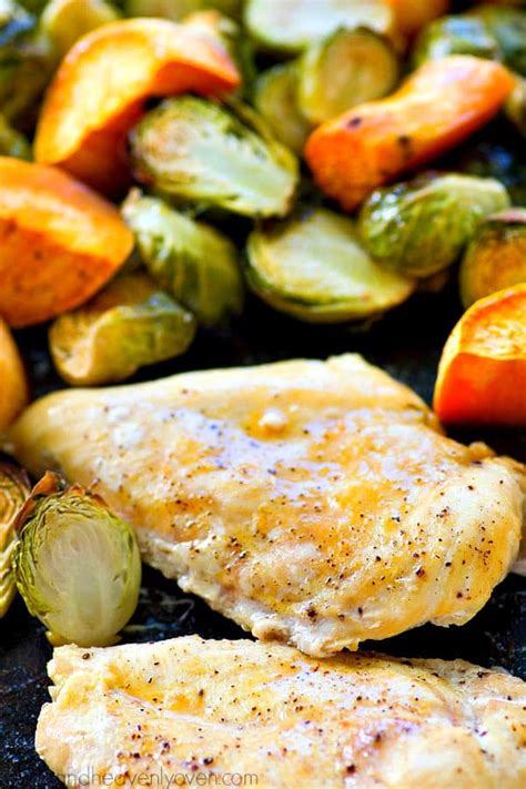 One Pan Maple Roast Chicken With Sweet Potatoes Brussels Sprouts