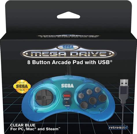 Retro Bit Sega Mega Drive 8 Button Usb Controller Clear Blue Bol