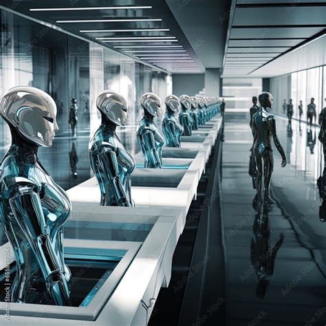 A Line Of Humanoid Robots Stands Silently Great For Stories On