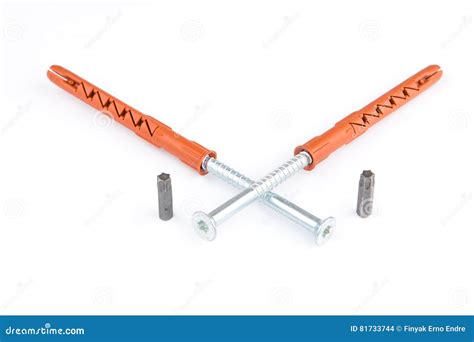 Plastic Dowel Or Wall Plugs Pin With Screws For Bricks Stock Photo