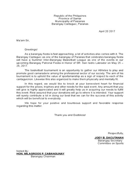 Sample Solicitation Letter For Purok Fiesta