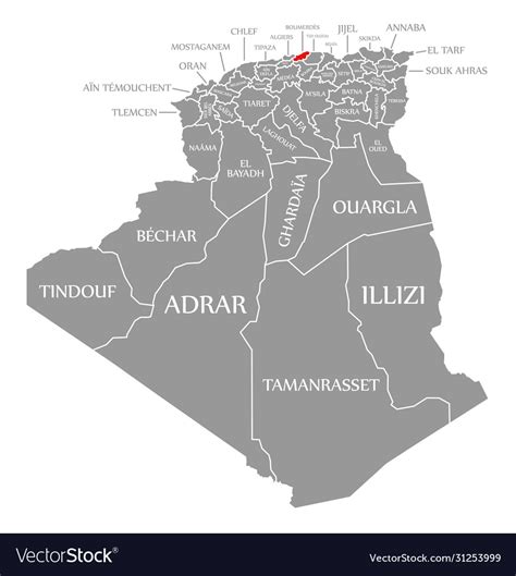 Boumerdes Red Highlighted In Map Algeria Vector Image