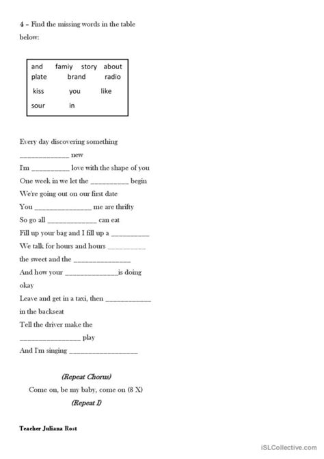 Song Shape Of You Ed Sheeran Song English Esl Worksheets Pdf Doc