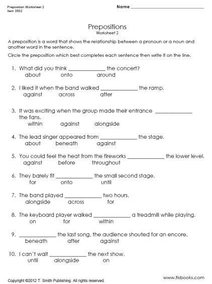 Preposition Worksheet For Grade 5