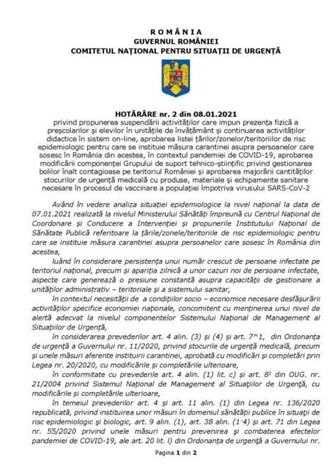 Hot R Rea Nr Din A Comitetului Na Ional Pentru Situa Ii De Urgen Guvernul