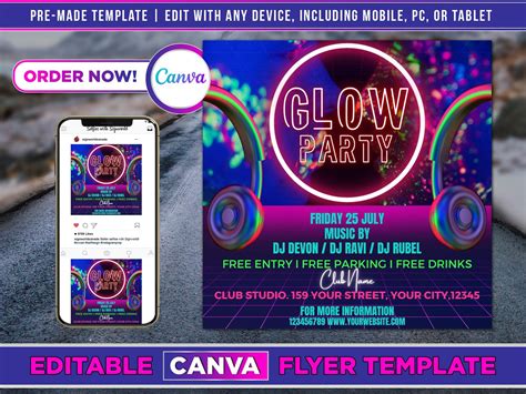 Glow Party Flyer Canva Template For Diy Social Media Marketing Etsy