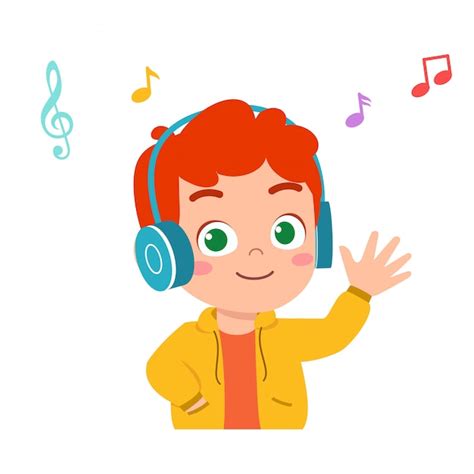 Heureux Gar On Mignon Enfant Couter De La Bonne Musique Vecteur Premium