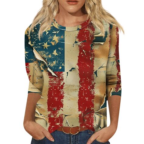 American Flag T Shirts For Women Usa Star Stripes 4th Of July 34 Sleeve Tee Shirts Usa Stars