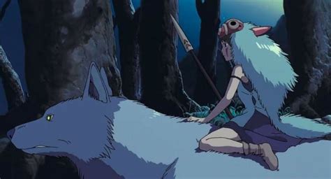 a woman sitting on top of a white wolf in the middle of a forest at night