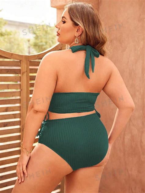 Shein Swim Curve Summer Beach Plus Size Womens Plain Color Bikini Set