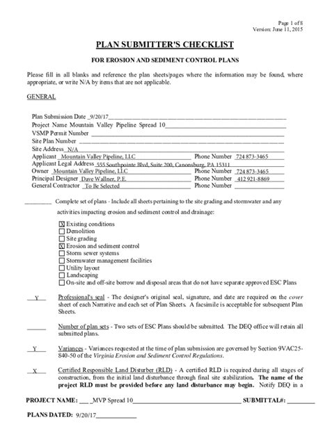 Fillable Online Plan Submitter S Checklist For Erosion And Sediment