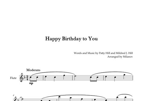 Happy Birthday To You Flute F Major Arr Milanov By Patty Hill