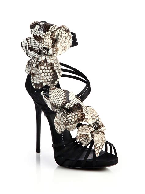 Lyst Giuseppe Zanotti Satin And Snakeskin Flower Sandals In Black