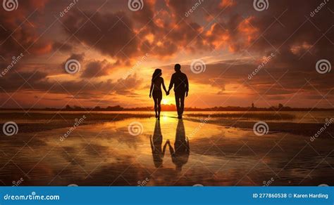 Silhouette and Reflection of Couple Holding Hands in Sunset Stock Illustration - Illustration of ...