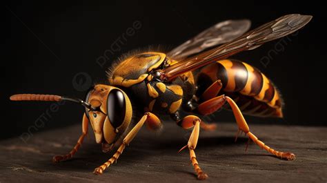 Yellow And Brown Hornet Sits On A Table Background Hornets And Wasps