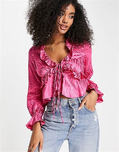 River Island Satin Jacquard Tie Front Blouse In Pink Asos