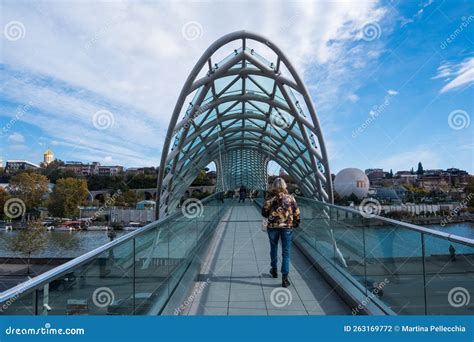 Tbilisi Georgia 05 10 2022 The Bridge Of Peace Is A Bow Shaped Pedestrian Bridge Over