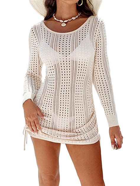 Biezeib Women Knit Bikini Cover Ups Cutout Long Sleeves Beach Mini