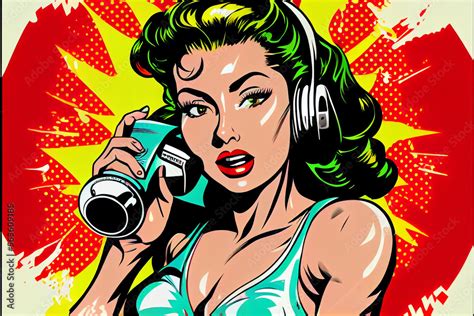 Sexy Pin Up Frau Mit Einem Telefonhörer Am Telefonieren Bunter Hintergrund In Pop Art Retro