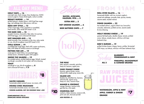 Menu at Holly Cafe, Bondi Junction