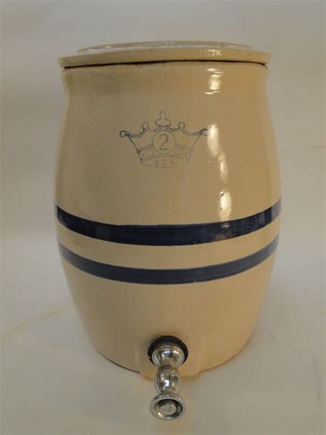 Antique Stoneware Crock Water Cooler 2 Gallon Blue Ring Crown Mark Usa