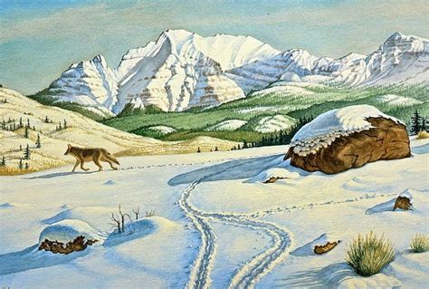 Lonely Wolf Rocks Snow Mountains Painting Artwork Landscape Hd