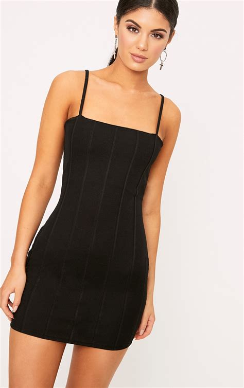 Black Straight Neck Bandage Bodycon Dress Prettylittlething Aus