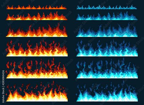 Pixel art fire. Game icons set. Comic boom flame effects for emotion. Blue and red flames. Stock ...