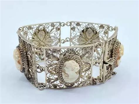 WW2 Period Italian Fascio Marked 800 Silver Filigree Cameo Bracelet In Misc