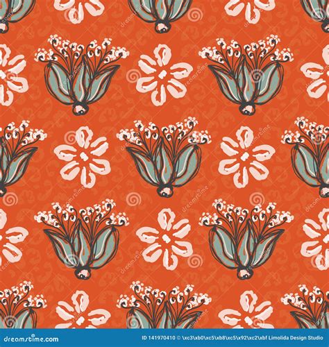 1950s Style Floral Daisy Vector Pattern Hand Drawn Seamless Vintage