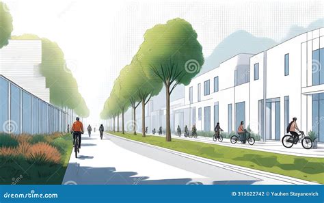 Drawing Of Street With Sustainable Urban Design Featuring Eco Friendly