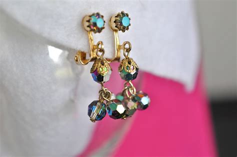 Aurora Borealis Bead Dangle Earrings Gold Tone Clip On Earrings Ab Earrings Iridescent