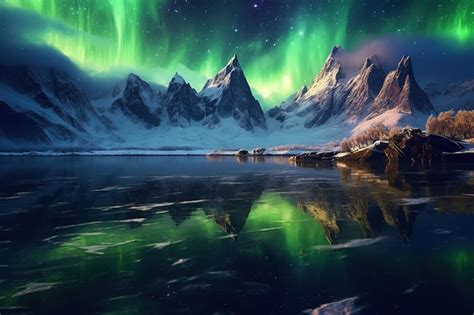 Premium Ai Image Aurora Borealis Over Snowy Mountains Frozen Sea