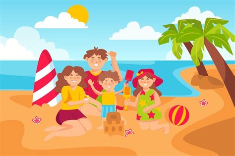 Vacaciones De Verano Niños En La Playa Vector Premium