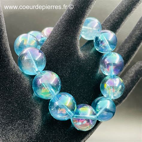 Bracelet En Cristal De Roche Aqua Aura Du Br Sil Perles De Mm