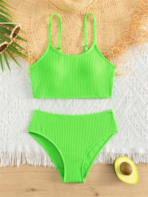 Tween Girl Plain Ribbed Knit Bikini Swimsuit Shein Usa