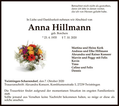 Traueranzeigen Von Anna Hillmann Trauer Kreiszeitung De