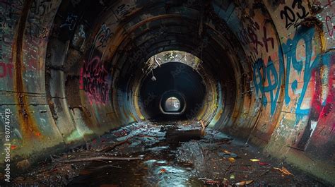 Underground Sewer Pipe Coated With Mysterious Graffiti Under Dim City