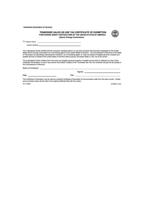 Tennessee Sales Or Use Tax Certificate Of Exemption Printable Pdf Download