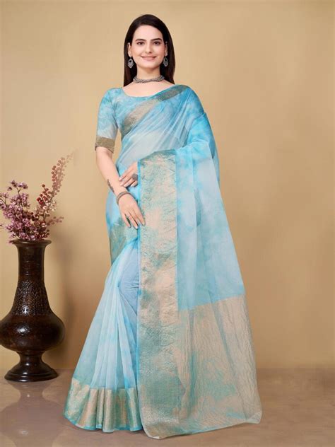 TRENDING ORGANZA SIBORI PRINT SAREE WITH UNSTITCHED BLOUSE SKY